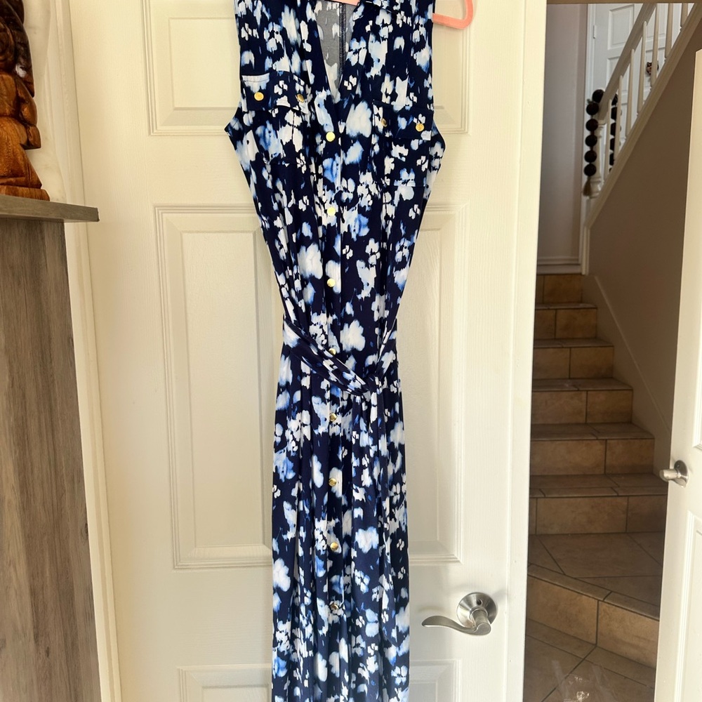 Michael Kors Blue and White Patterned Maxi Dress